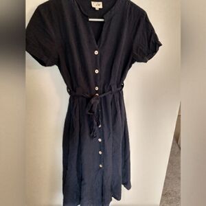 Navy Blue Cotton and Linen Button Up Coline Dress